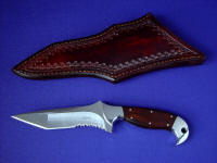 "Mercury" obverse side view in satin finished 440C high chromium stainless steel blade, 304 stainless steel bolsters, Desert Ironwood hardwood handle, hand-tooled leather sheath