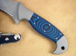 "Mercury Magnum" obverse side handle view. G10 is tough, waterproof, fiberglass reinforced epoxy material formed under high heat and pressure. Note contours of handle and comfortable curves.