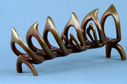 "Mesabi" custom knife sculpture in hand-cast bronze, 440C high chromium stainless steel blade, 304 hand-engraved stainless steel bolsters, Fossilized Stromatolite Chert gemstone