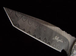 "Morta" pattern welded twist damascus blade in O1 and A36 steels, deeply hollow ground, etched, and blued