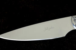 "Nihal" blade grind and maker's mark detail. Single bevel edge is razor sharp.