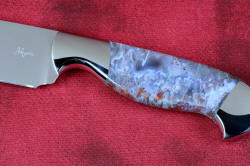 "Opere" obverse side gemstone fossil handle view in 440C high chromium martensitic stainless steel blade, 304 stainless steel bolsters, Bay of Fundy Fossilized Agate gemstone handle, frog skin inlaid in hand-carved leather sheath