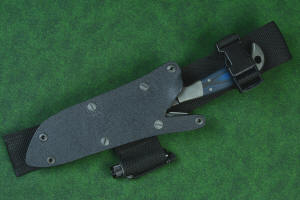 "PJLT" Tactical, combat, rescue knife, UBLX, sheathed mount view in T3 cryogenically treated 440C high chromium martensitic stainless steel blade, 304 austenitic stainless steel bolsters, black/blue G10 fiberglass reinforced epoxy laminate composite handle, locking kydex, anodized aluminum, titanium, stainless steel sheath