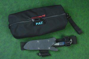 "PJLT" Tactical, combat, rescue knife, duffle, kit view in T3 cryogenically treated 440C high chromium martensitic stainless steel blade, 304 austenitic stainless steel bolsters, black/blue G10 fiberglass reinforced epoxy laminate composite handle, locking kydex, anodized aluminum, titanium, stainless steel sheath