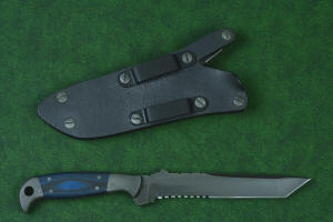 "PJLT" Tactical, combat, rescue knife, reverse side view in T3 cryogenically treated 440C high chromium martensitic stainless steel blade, 304 austenitic stainless steel bolsters, black/blue G10 fiberglass reinforced epoxy laminate composite handle, locking kydex, anodized aluminum, titanium, stainless steel sheath