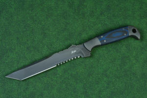 "PJLT" Tactical, combat, rescue knife, obverse side blade view in T3 cryogenically treated 440C high chromium martensitic stainless steel blade, 304 austenitic stainless steel bolsters, black/blue G10 fiberglass reinforced epoxy laminate composite handle, locking kydex, anodized aluminum, titanium, stainless steel sheath