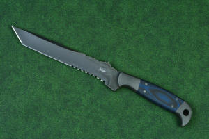 "PJLT" Tactical, combat, rescue knife, obverse side handle view in T3 cryogenically treated 440C high chromium martensitic stainless steel blade, 304 austenitic stainless steel bolsters, black/blue G10 fiberglass reinforced epoxy laminate composite handle, locking kydex, anodized aluminum, titanium, stainless steel sheath