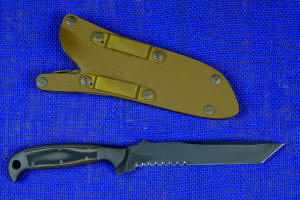 "PJLT" Tactical, combat, rescue knife, reverse side view in T3 cryogenically treated 440C high chromium martensitic stainless steel blade, 304 austenitic stainless steel bolsters, black/coyote G10 fiberglass reinforced epoxy laminate composite handle, locking kydex, anodized aluminum, titanium, stainless steel sheath