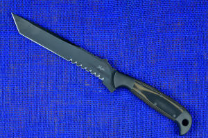 "PJLT" Tactical, combat, rescue knife, obverse side, handle view in T3 cryogenically treated 440C high chromium martensitic stainless steel blade, 304 austenitic stainless steel bolsters, black/coyote G10 fiberglass reinforced epoxy laminate composite handle, locking kydex, anodized aluminum, titanium, stainless steel sheath