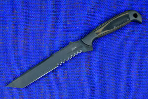 "PJLT" Tactical, combat, rescue knife, obverse side, blade view in T3 cryogenically treated 440C high chromium martensitic stainless steel blade, 304 austenitic stainless steel bolsters, black/coyote G10 fiberglass reinforced epoxy laminate composite handle, locking kydex, anodized aluminum, titanium, stainless steel sheath