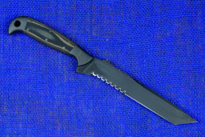 "PJLT" Tactical, combat, rescue knife, reverse side, blade view in T3 cryogenically treated 440C high chromium martensitic stainless steel blade, 304 austenitic stainless steel bolsters, black/coyote G10 fiberglass reinforced epoxy laminate composite handle, locking kydex, anodized aluminum, titanium, stainless steel sheath