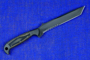 "PJLT" Tactical, combat, rescue knife, reverse side, handle view in T3 cryogenically treated 440C high chromium martensitic stainless steel blade, 304 austenitic stainless steel bolsters, black/coyote G10 fiberglass reinforced epoxy laminate composite handle, locking kydex, anodized aluminum, titanium, stainless steel sheath