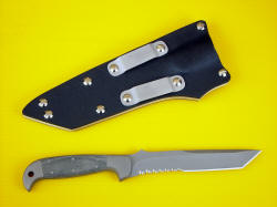 "PJLT" CSAR Instructors Knife, reverse side view. Note reversible die formed high strength corrosion resistant aluminum belt loops secured by nickel plated steel screws