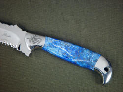 "PJLT" custom handmade knife, obverse side handle detail. Lapis lazuli is from Afghanistan, and is rich, blue and white with bits of metallic pyrite 