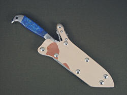 "PJLT" custom handmade knife, sheathed view. Sheath is positively locking with stainless mechanism, desert camo surface