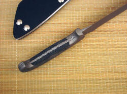 "PJ" tactical, defensive, rescue knife, inside handle tang detail. Note full filework in custom pattern for visual interest and improved tactile grip