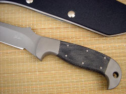 "PJ" tactical, CSAR, defensive knife, obverse side handle detail. Canvas Micarta phenolic is tough and durable