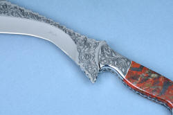 "Pallene" custom handmade knife sculpture, knife blade ricasso, blade, maker's mark obverse side detail. 