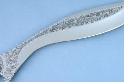 "Pallene" custom handmade knife sculpture, reverse side engraving detail and hollow grind detail on large khukri blade