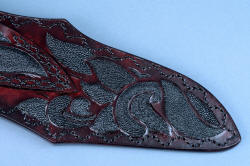 "Pallene" custom handmade knife sculpture, sheath back tail area detail. Full inlays front and back on this fine unique leather sheath