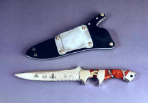 "Patriot" Special Forces Army commemorative in etched 440C high chromium stainless steel blade, 304 stainless steel bolsters, Cherry Blossom Jasper gemstone handle, locking kydex, aluminum, stainless steel sheath with engraved red lacquered brass flashplate