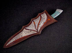 "Patriot" sheathed view. Fine Frogskin inlays match the pattern on the gemstone. Frog is rare and beautiful inlaid in heavy leather shoulder, dyed in russet