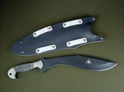 "Phlegra" custom combat khukri, reverse side view. Note die formed belt loops which are reversible front to back, and can be placed anwhere along the sheath back