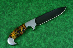 "Quetzal" (with reflector above), reverse side view, in deep cryogencially treated, hot blued O1 high carbon tungsten-vanadium tool steel blade, 304 stainless steel bolsters, Pilbara Picasso Jasper and Red River Jasper gemstone handle, hand-carved leather sheath inlaid with shark skin