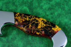 "Quetzal" obverse side jasper handle enlargement detail view, in deep cryogencially treated, hot blued O1 high carbon tungsten-vanadium tool steel blade, 304 stainless steel bolsters, Pilbara Picasso Jasper and Red River Jasper gemstone handle, hand-carved leather sheath inlaid with shark skin