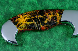 "Quetzal" reverse side jasper handle enlargement detail view, in deep cryogencially treated, hot blued O1 high carbon tungsten-vanadium tool steel blade, 304 stainless steel bolsters, Pilbara Picasso Jasper and Red River Jasper gemstone handle, hand-carved leather sheath inlaid with shark skin