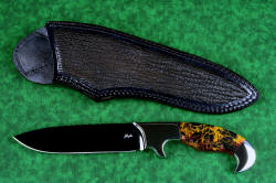 "Quetzal" (without reflector above), obverse side view, in deep cryogencially treated, hot blued O1 high carbon tungsten-vanadium tool steel blade, 304 stainless steel bolsters, Pilbara Picasso Jasper and Red River Jasper gemstone handle, hand-carved leather sheath inlaid with shark skin