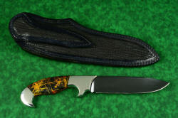 "Quetzal" (with reflector above), reverse side view, in deep cryogencially treated, hot blued O1 high carbon tungsten-vanadium tool steel blade, 304 stainless steel bolsters, Pilbara Picasso Jasper and Red River Jasper gemstone handle, hand-carved leather sheath inlaid with shark skin