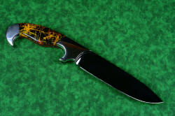 "Quetzal" (without reflector above), reverse side view, in deep cryogencially treated, hot blued O1 high carbon tungsten-vanadium tool steel blade, 304 stainless steel bolsters, Pilbara Picasso Jasper and Red River Jasper gemstone handle, hand-carved leather sheath inlaid with shark skin
