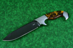 "Quetzal" (with reflector above), obverse side view, in deep cryogencially treated, hot blued O1 high carbon tungsten-vanadium tool steel blade, 304 stainless steel bolsters, Pilbara Picasso Jasper and Red River Jasper gemstone handle, hand-carved leather sheath inlaid with shark skin