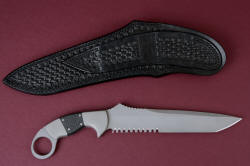 "Raijin" reverse side view with sheath back. Sheath has all double row stitching throughout, including double belt loops, all hand-stamp tooled in basketweave pattern