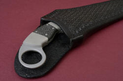 "Raijin" leather sheath mouth detail. Sheath high back protects wearer, welts and sheath are thick and hardened leather.