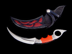 "Raptor" kerambit, obverse side view in mirror polished 440C high chromium stainless steel blade, hand-engraved 304 stainless steel bolsters, Red River Jasper gemstone handle, Red Stingray skin inlaid in hand-carved leather sheath
