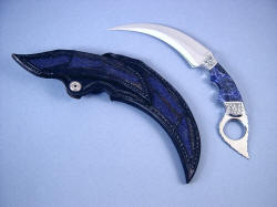 "Raptor" kerambit (Tunguska) reverse side view. Note full sheath stingray skin inlays on sheath back and belt loop