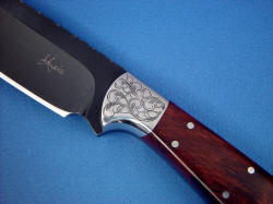 "Rio Grande" obverse side front bolster detail. Makers mark is diamond engraved in deeplly blued steel blade, note clean choil and cutting edge.