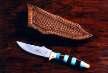 "Sandia" small hidden tang knife in 440C high chromium stainless steel blade, brass fittings, Turquoise and Tiger Eye Quartz gemstone handle, hand-stamped tooled leather sheath