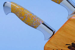 "Sasserides and Courgette" fine handmade  bread knife set, jasper gemstone handle detail with knives in hardwood block