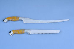 "Sasserides and Courgette" fine handmade  bread knife set, reverse side view of two very different bread knives in profile