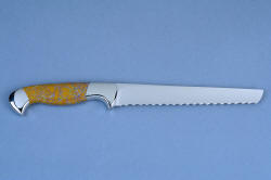 "Sasserides and Courgette" fine handmade  bread knife set, Courgette reverse side view. Knife is straigh bladed and keen with a wide flat front for toppings