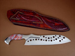 "Saussure" master chef's knife, reverse side view. Note nice inlays on sheath back, double row stitching throughout