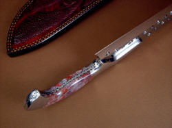 "Saussure" inside handle tang detail. Note well shaped, contoured and finished handle scales and bolster, dovetailed parts, full and intricate filework, all polished surfaces