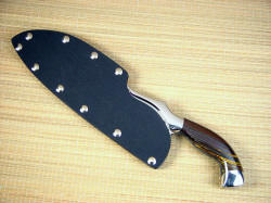 "Saussure" sheathed view. Sheath is kydex and nickel plated steel for protection of the edge, blade, and chef