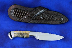 Reverse side and sheath back view of "Secora" fine handmade custom knife in T3 cryogenically treated 440C high chromium stainless steel blade, 304 stainless steel bolsters, Picasso Marble gemstone handle, hand-carved crossdraw leather sheath inlaid with Teju lizard skin