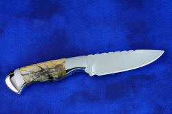 Solid construction, all stainless steel "Secora" fine handmade custom knife in T3 cryogenically treated 440C high chromium stainless steel blade, 304 stainless steel bolsters, Picasso Marble gemstone handle, hand-carved crossdraw leather sheath inlaid with Teju lizard skin