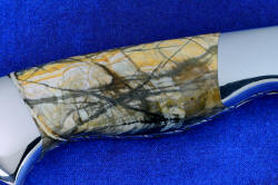 Beautiful Picasso marble gemstone handle of "Secora" fine handmade custom knife in T3 cryogenically treated 440C high chromium stainless steel blade, 304 stainless steel bolsters, Picasso Marble gemstone handle, hand-carved crossdraw leather sheath inlaid with Teju lizard skin