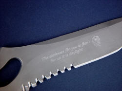 "Shahal" custom diamond stylus engraving on blade hollow grind is bold and deep, with lion and text